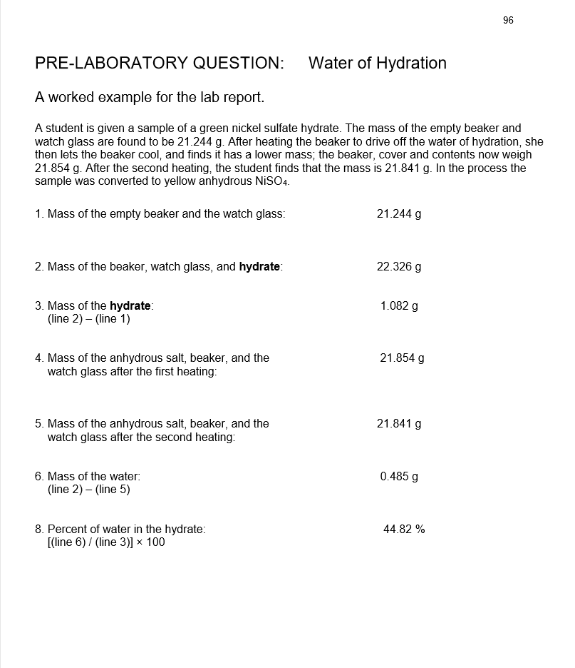 Solved 96 PRELABORATORY QUESTION Water of Hydration A