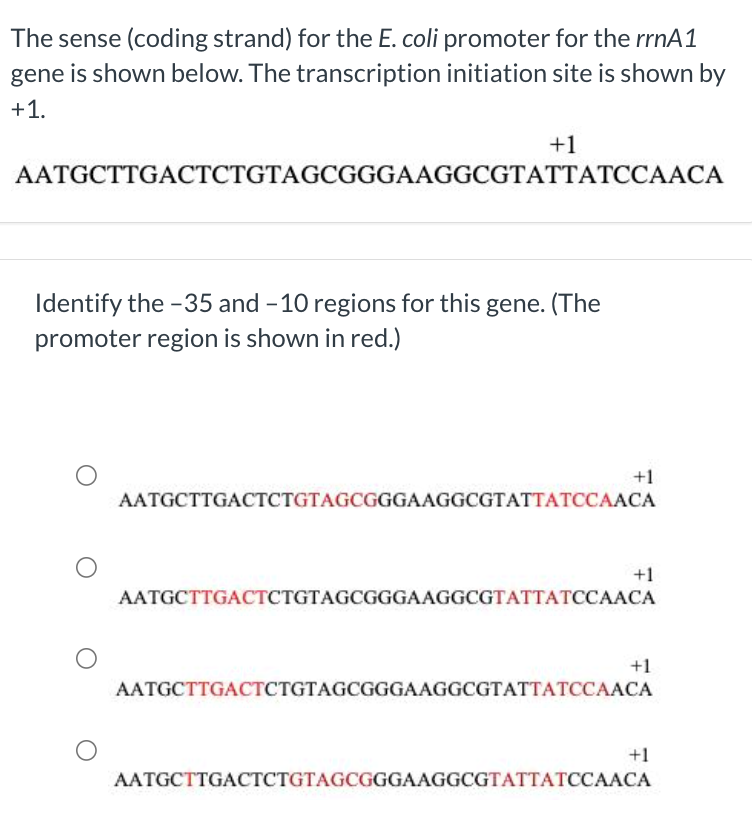 Solved The sense (coding strand) for the E. coli promoter | Chegg.com
