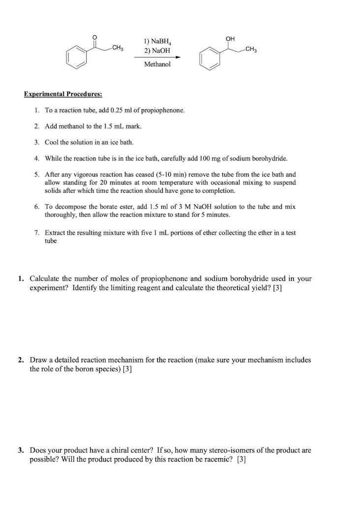 Experimental Procedures:
1. To a reaction tube, add \( 0.25 \mathrm{ml} \) of propiophenone.
2. Add methanol to the \( 1.5 \m