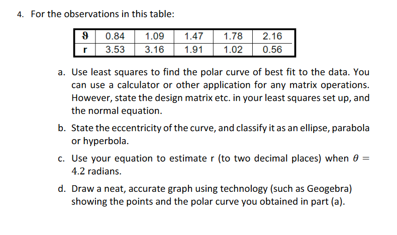 4. For the observations in this table:
a. Use least squares to find the polar curve of best fit to the data. You can use a ca