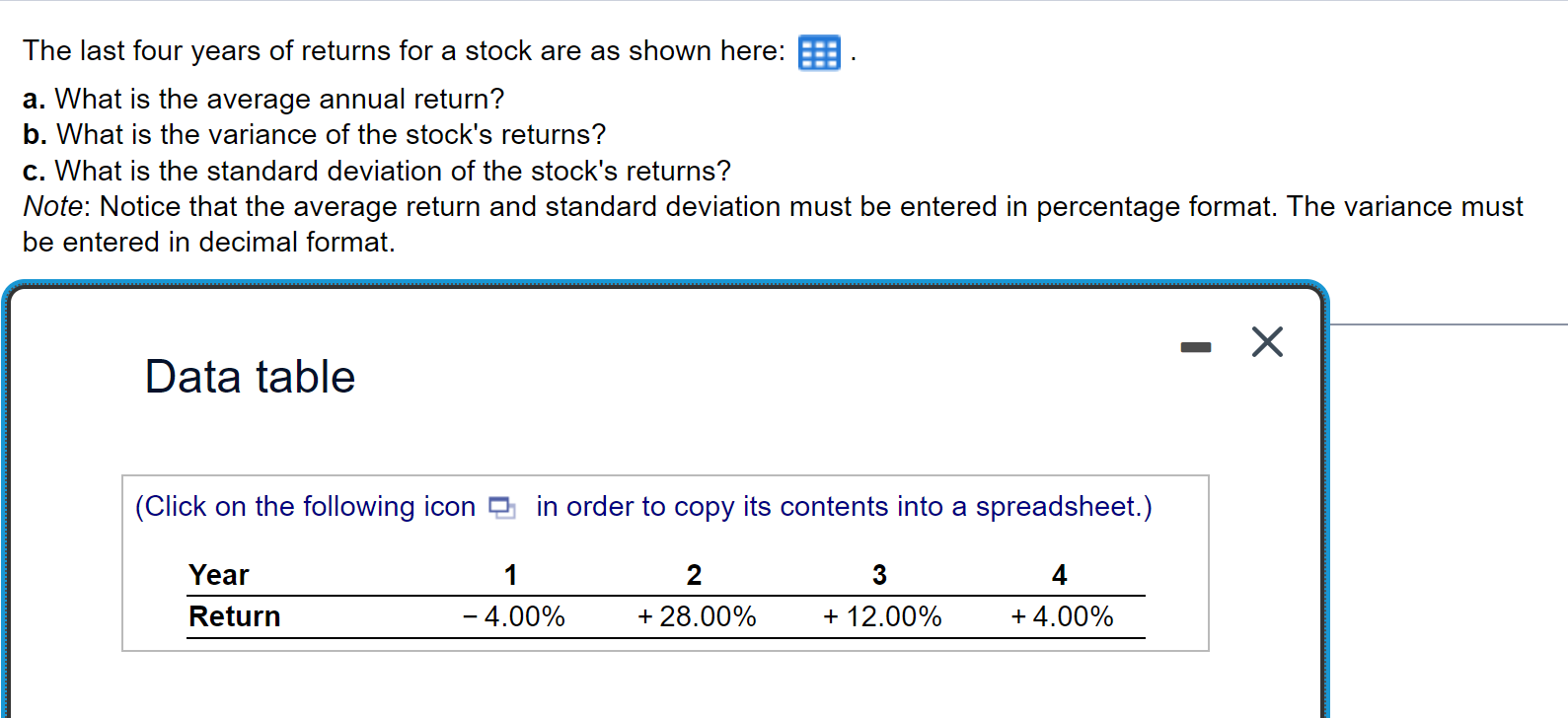 Solved The last four years of returns for a stock are as | Chegg.com