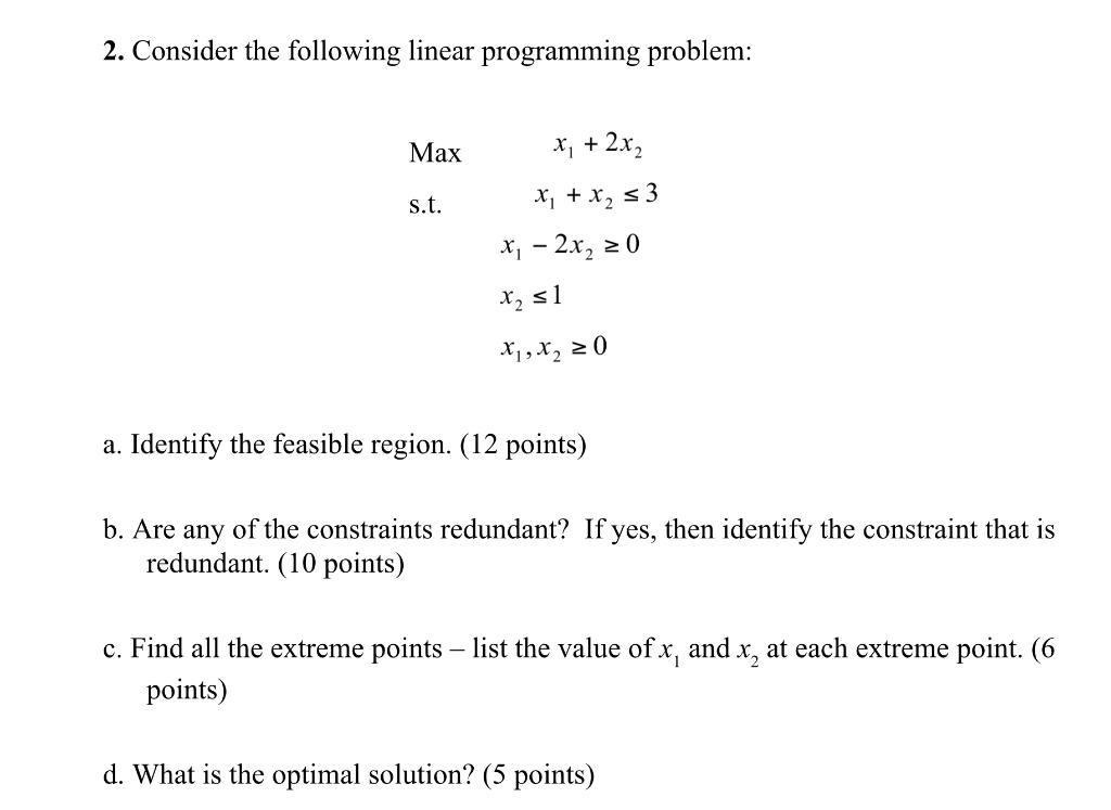 Solved 2. Consider the following linear programming problem: | Chegg.com