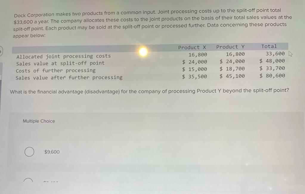 Dock Corporation makes two products from a common input. Joint processing costs up to the split-off point total
$33,600 a yea