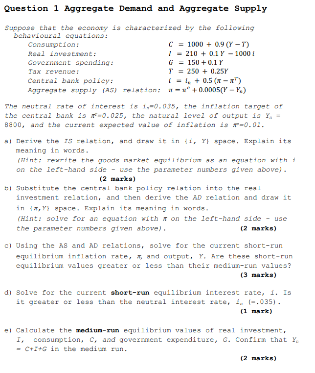 Solved Question 1 Aggregate Demand and Aggregate Supply | Chegg.com