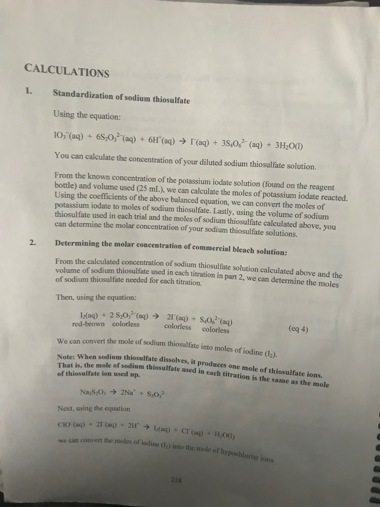 Redox Titration Analysis of Bleach lab report