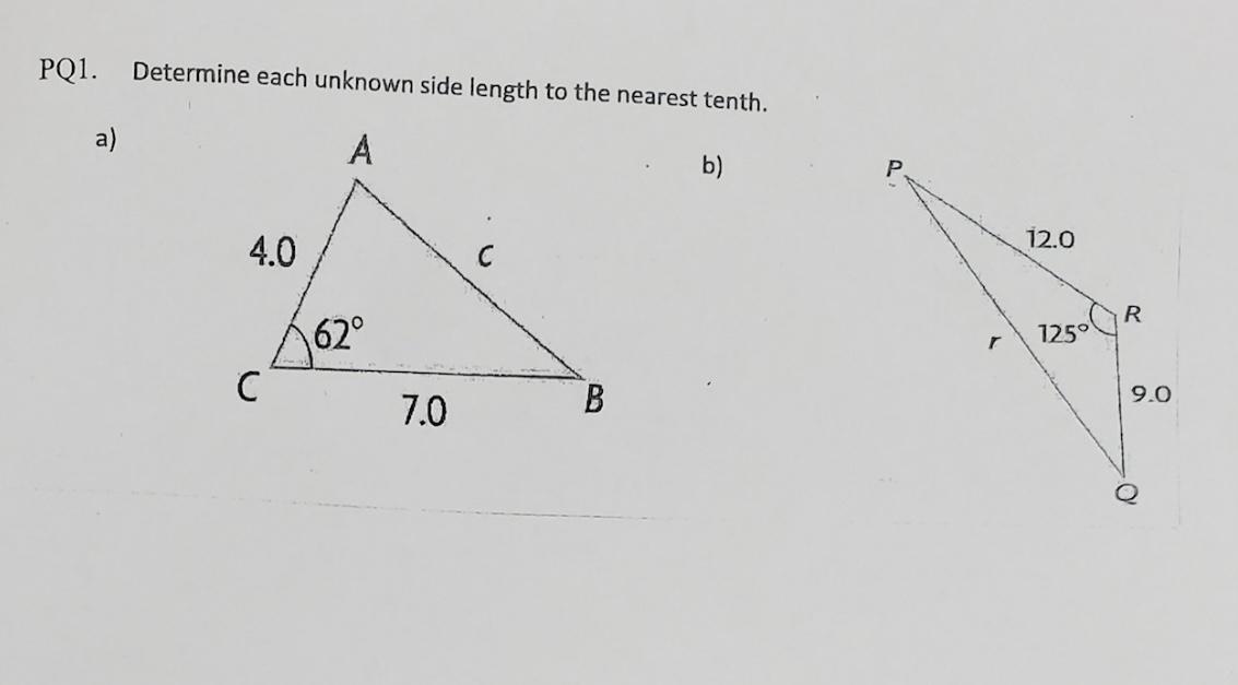 Solved PQ1. Determine each unknown side length to the | Chegg.com