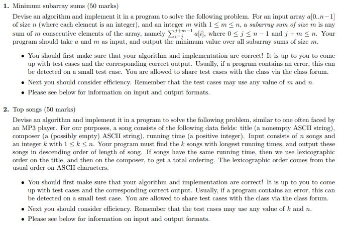 Solved 1. Minimum subarray sums (50 marks) Devise an | Chegg.com