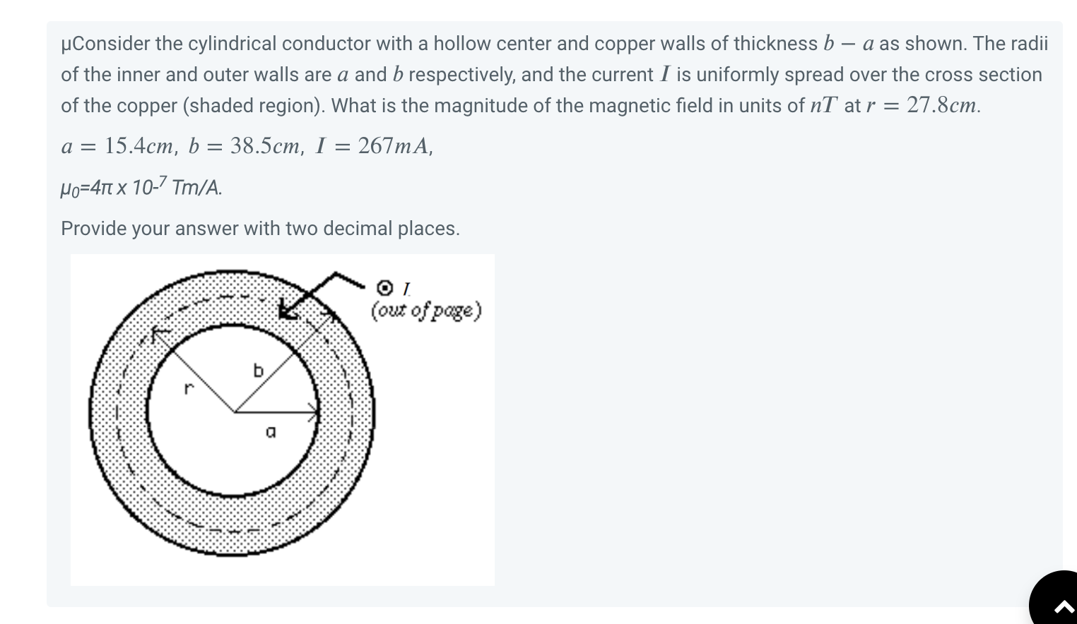 Solved μ Consider the cylindrical conductor with a hollow | Chegg.com
