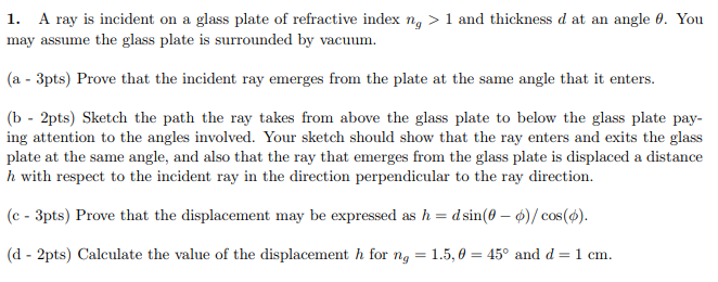 solved-1-a-ray-is-incident-on-a-glass-plate-of-refractive-chegg