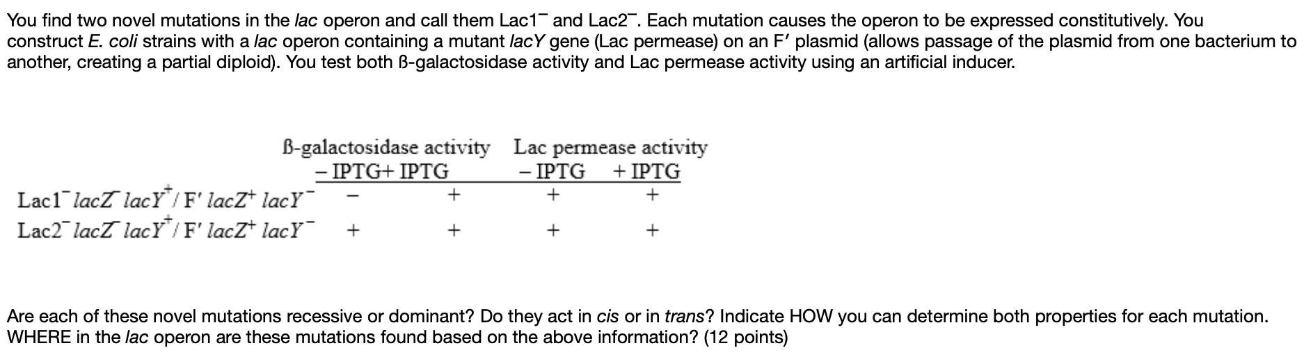 Solved You find two novel mutations in the lac operon and | Chegg.com
