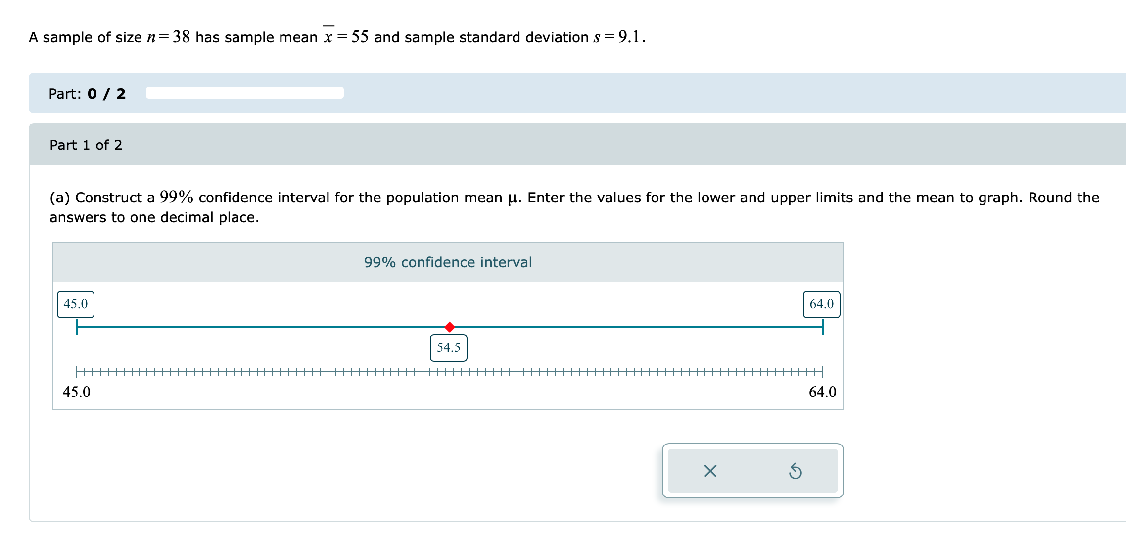 Solved A sample of size n=38 has sample mean xˉ=55 and | Chegg.com