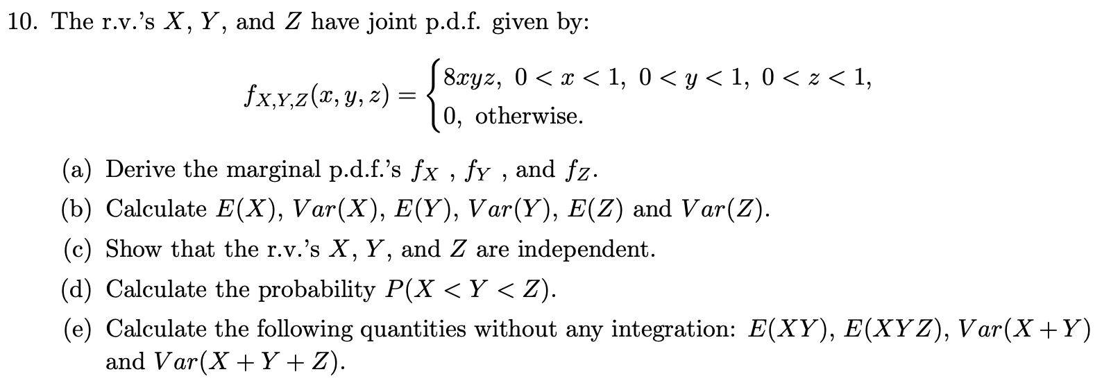 10. The r.v.’s X, Y , and Z have joint | Chegg.com