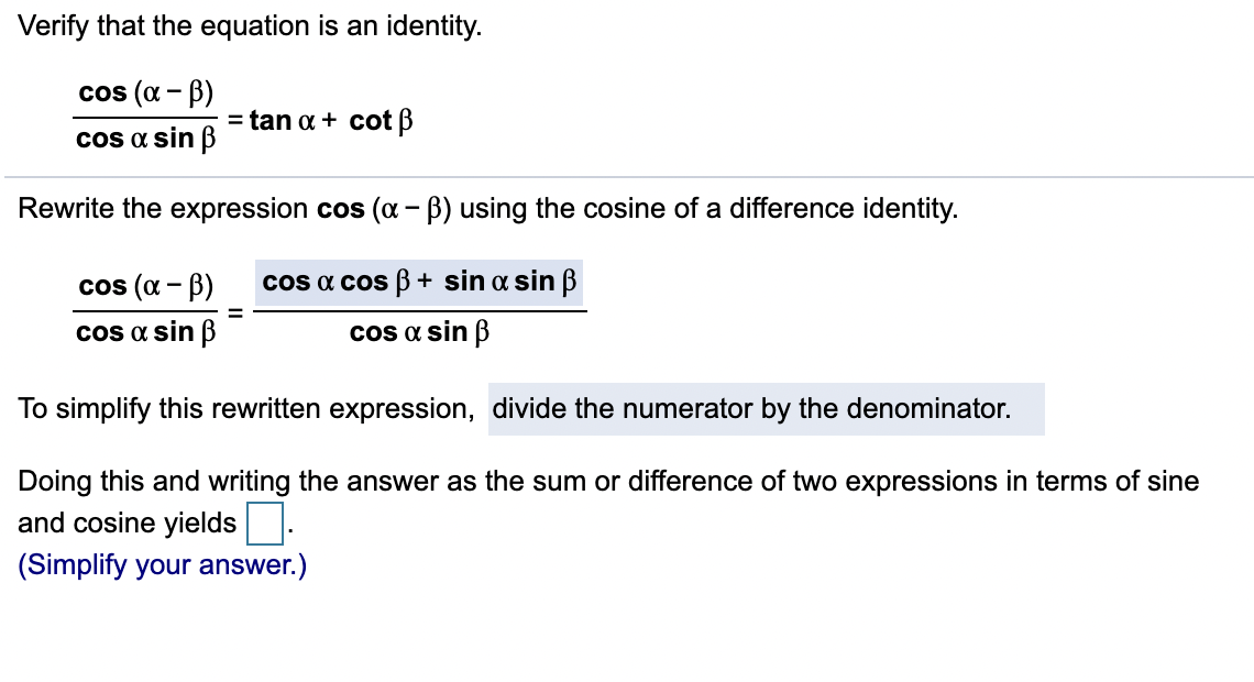 Solved Verify That The Equation Is An Identity. Cos (a – B) | Chegg.com