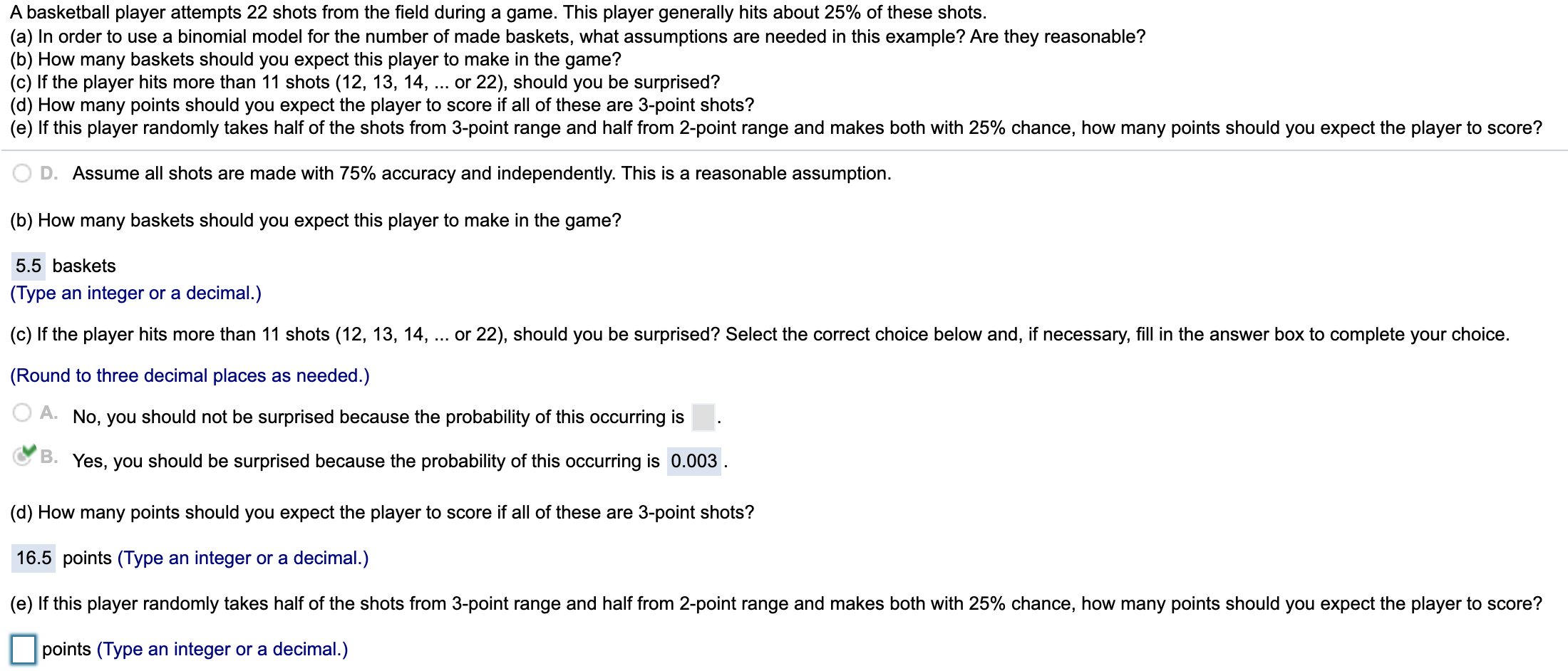 Solved A basketball player attempts 22 shots from the field