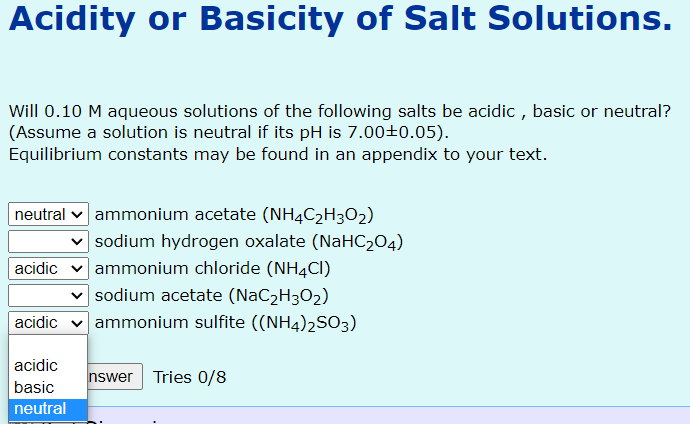 Solved Acidity or Basicity of Salt Solutions. Will 0.10 M | Chegg.com