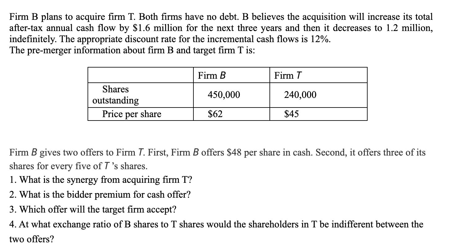 Solved QUESTION 12 Firm B Plans To Acquire Firm T. Both | Chegg.com