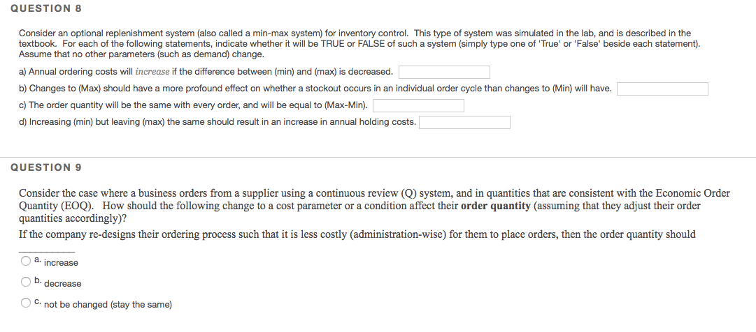 Solved QUESTION 8 Consider an optional replenishment system | Chegg.com