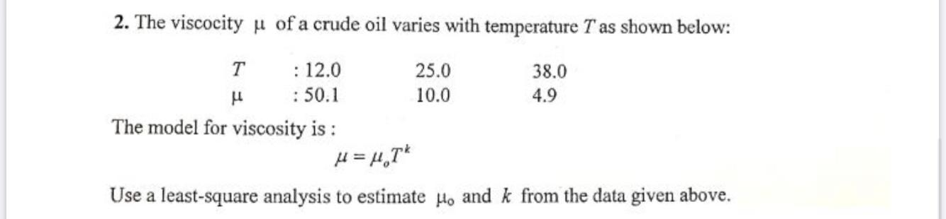 Solved 2. The viscocity u of a crude oil varies with | Chegg.com