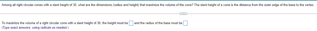 volume of right circular cone with slant height