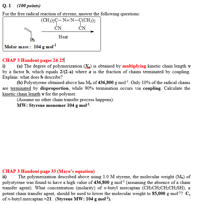 Q 1 100 Points For The Free Radical Reaction Of Chegg Com