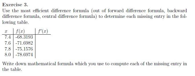 Solved Exercise 3. Use the most efficient difference formula | Chegg.com