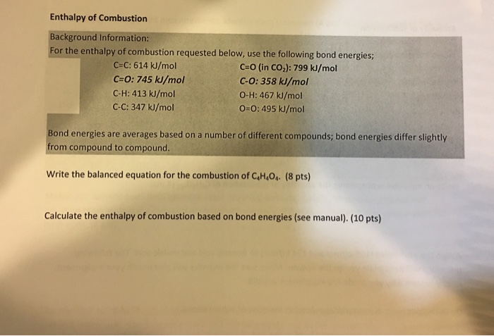 Solved Enthalpy of Combustion For the enthalpy of | Chegg.com