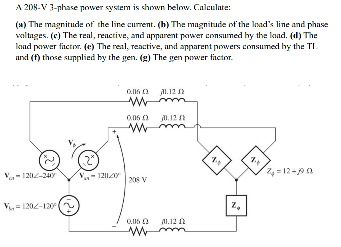 Solved A 208-V 3-phase power system is shown below. | Chegg.com