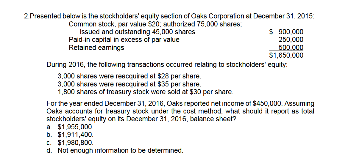 Solved 2. Presented Below Is The Stockholders' Equity | Chegg.com