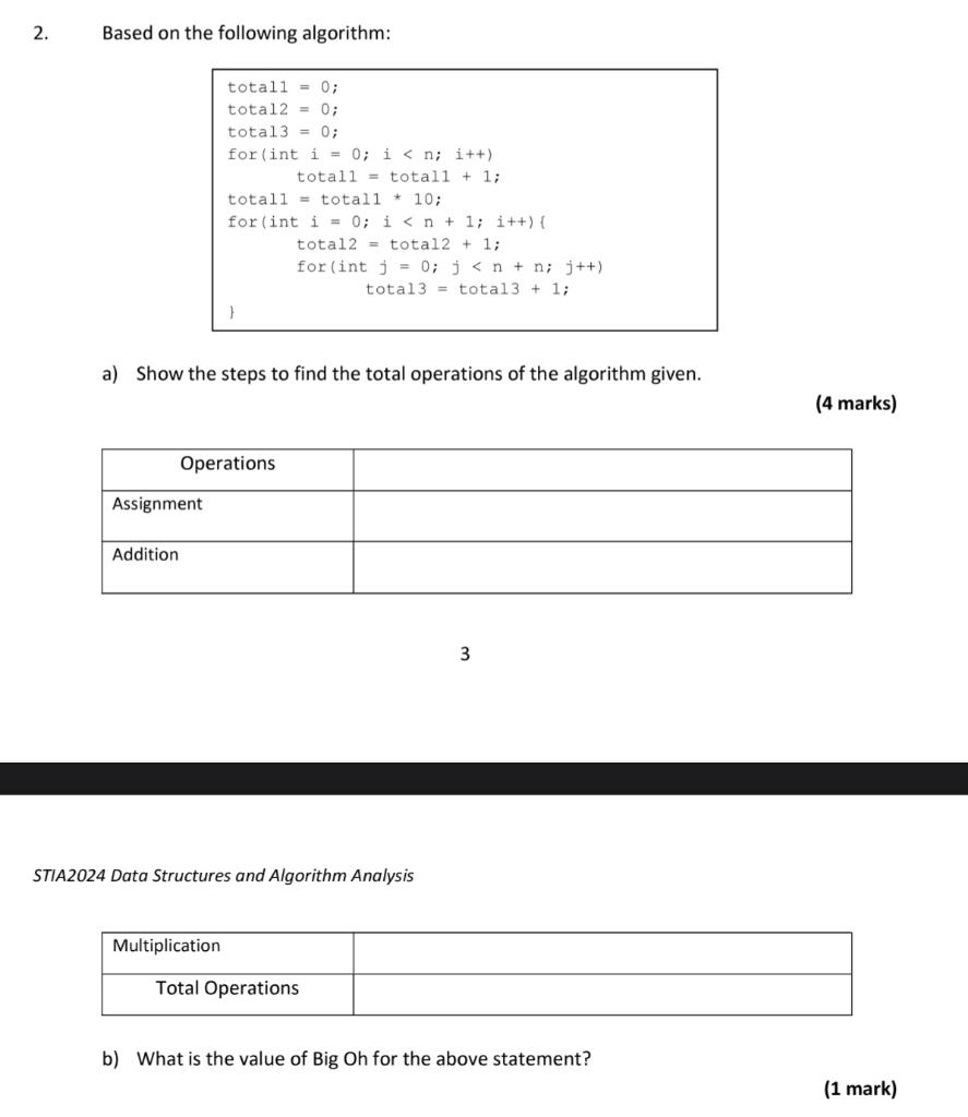 Solved 2. Based on the following algorithm: totall = 0; | Chegg.com