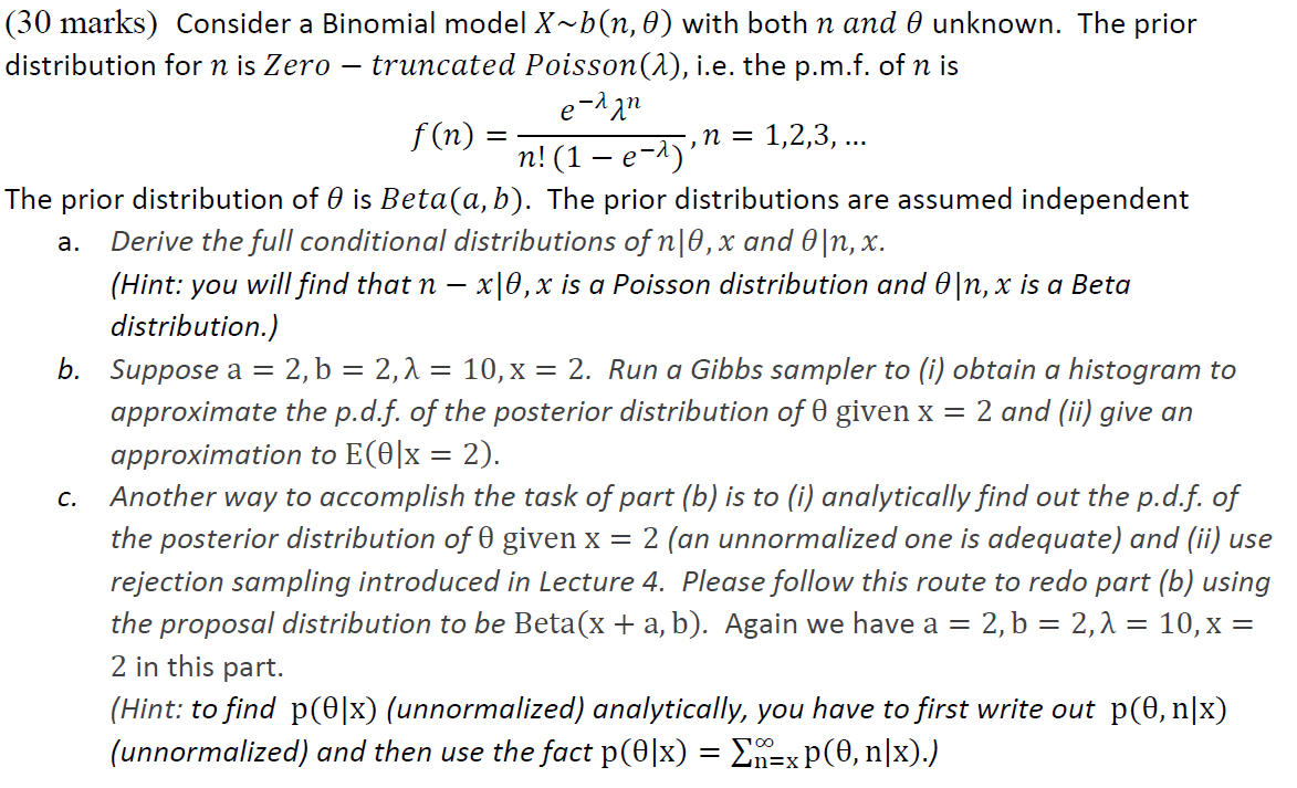 (30 marks) Consider a Binomial model X∼b(n,θ) with | Chegg.com