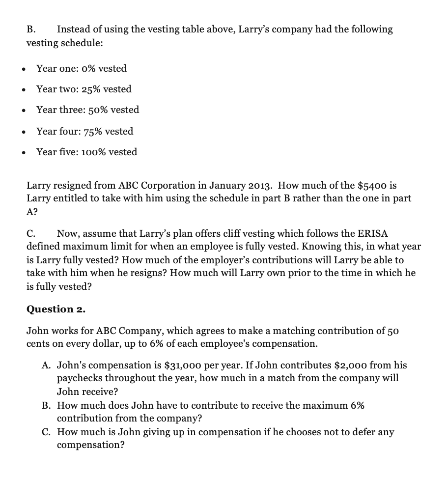 Solved B. Instead of using the vesting table above, Larry's | Chegg.com