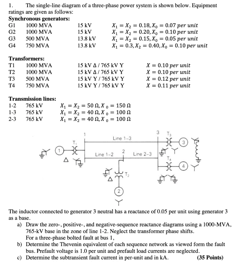 Solved 1. The single-line diagram of a three-phase power | Chegg.com