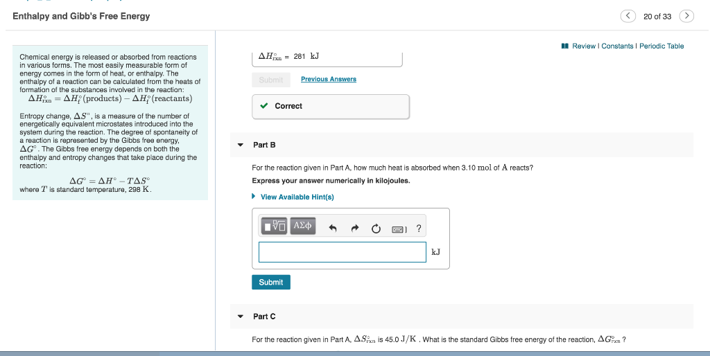 Solved Enthalpy and Gibb's Free Energy 20 of 33 > A Review | | Chegg.com