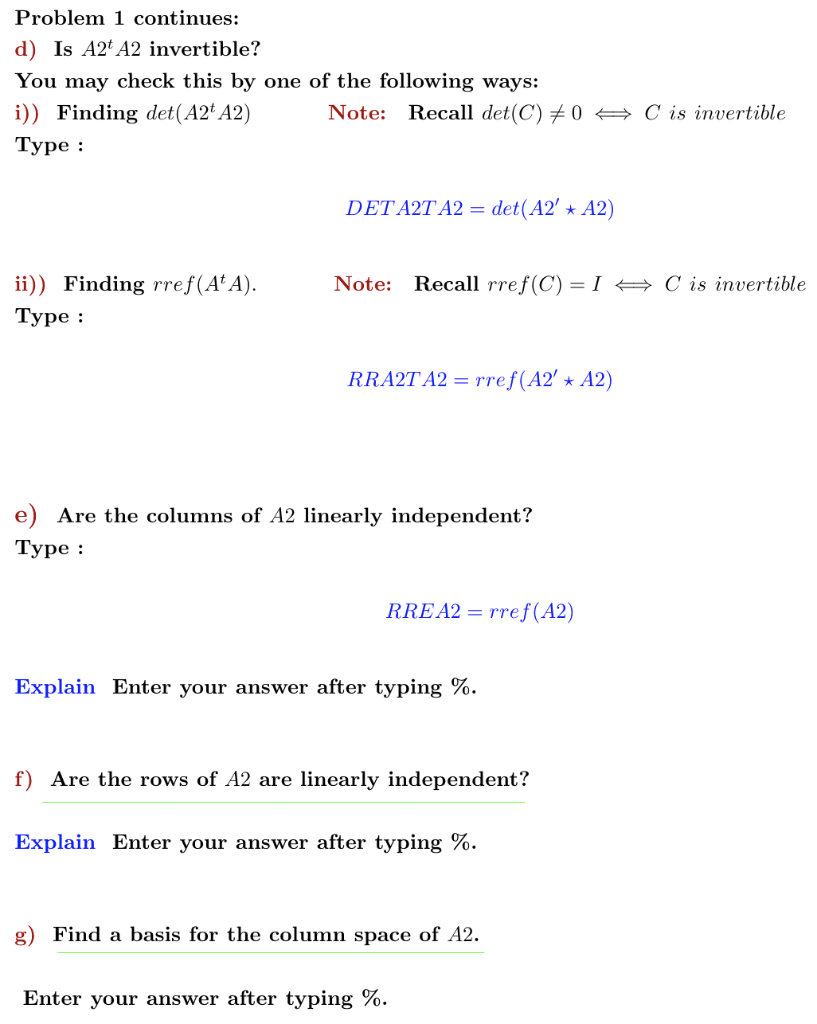 Solved Linear algebra MATLAB problems The white Chegg