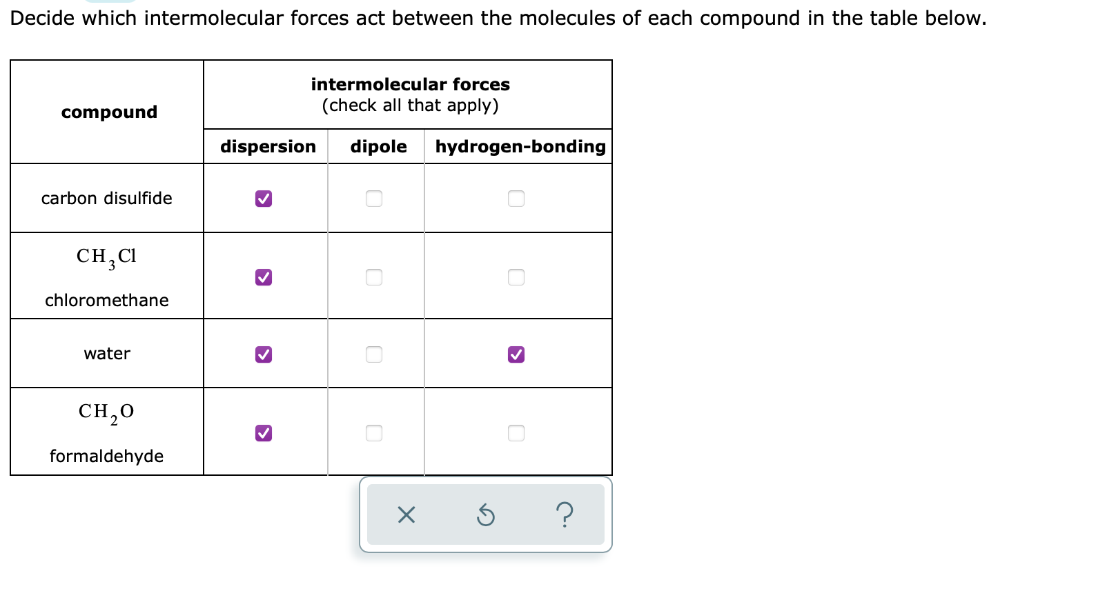 Solved Decide which intermolecular forces act between the | Chegg.com