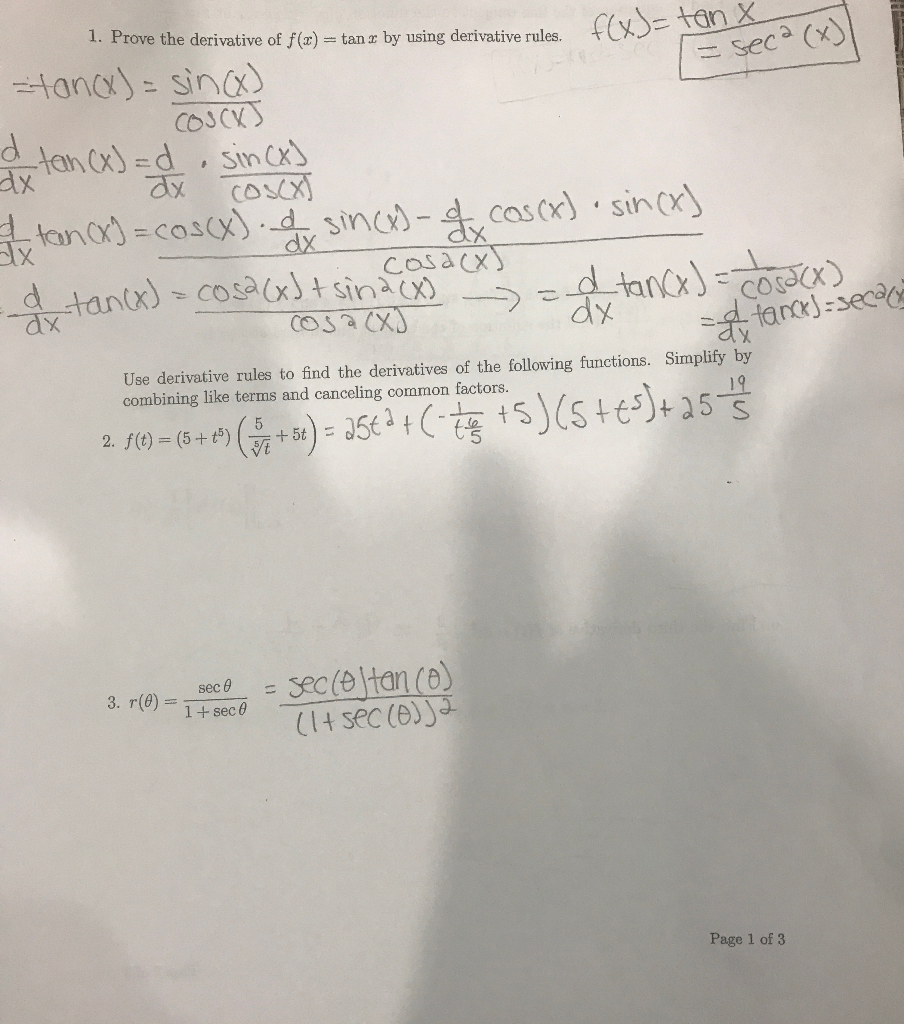 F X Tan X 1 Prove The Derivative Of F X Tanx By Chegg Com