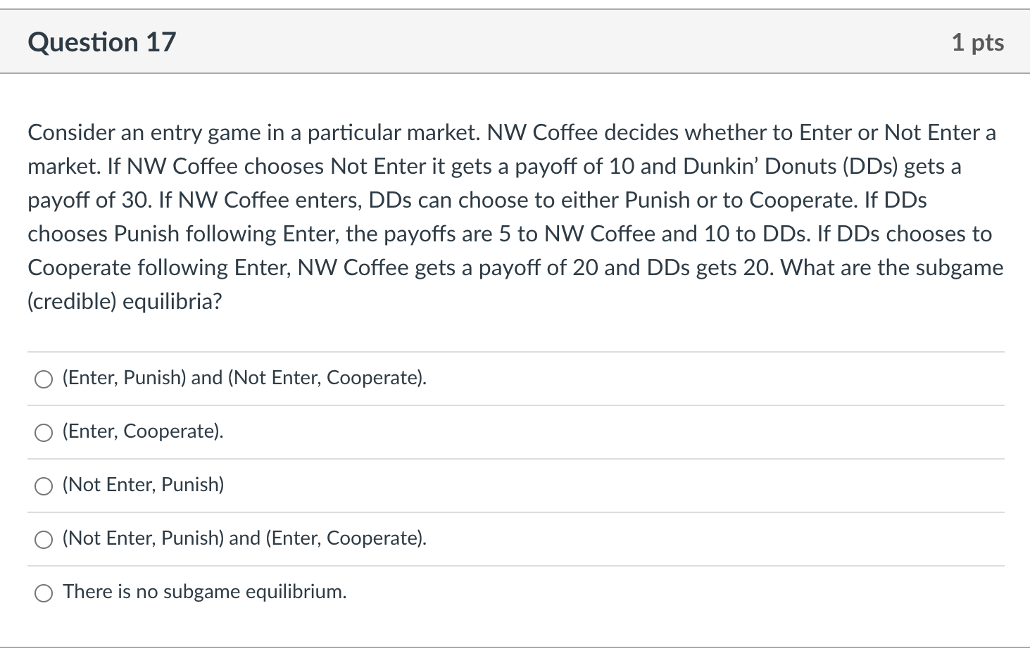 Consider an entry game in a particular market. NW Coffee decides whether to Enter or Not Enter a market. If NW Coffee chooses
