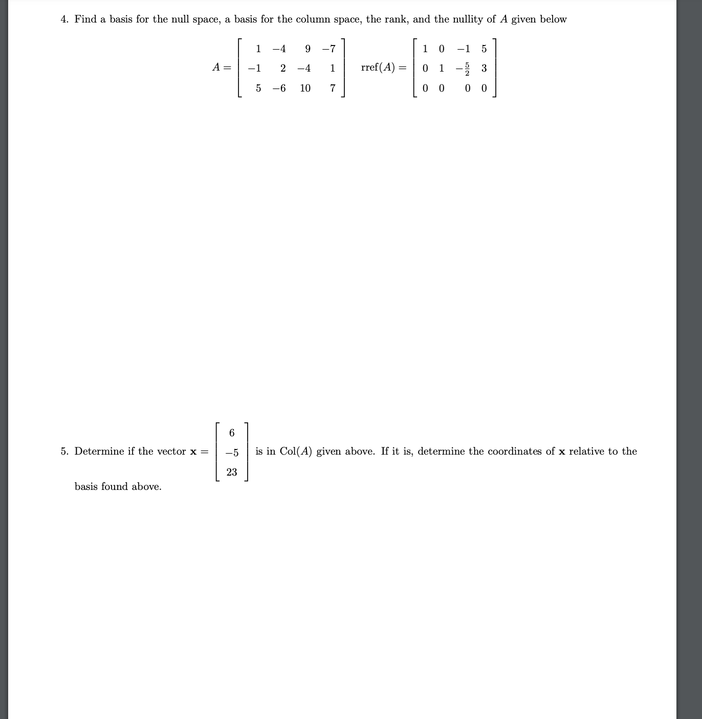 Find A Basis For The Null Space, A Basis For The | Chegg.com