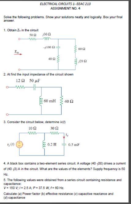 Solved ELECTRICAL CIRCUITS 1- EEAC 213 ASSIGNMENT NO. 4 | Chegg.com
