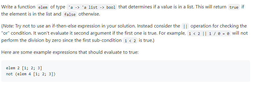 Solved Write a function elem of type 'a -> 'a list -> bool | Chegg.com