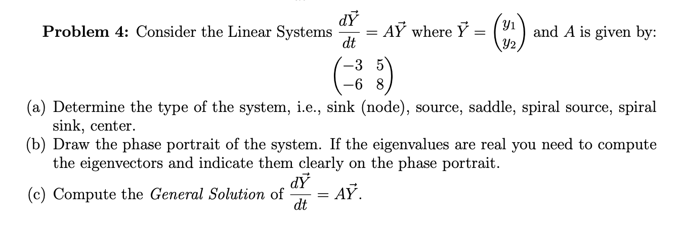 Solved Problem 4: Consider the Linear Systems dtdY=AY where | Chegg.com