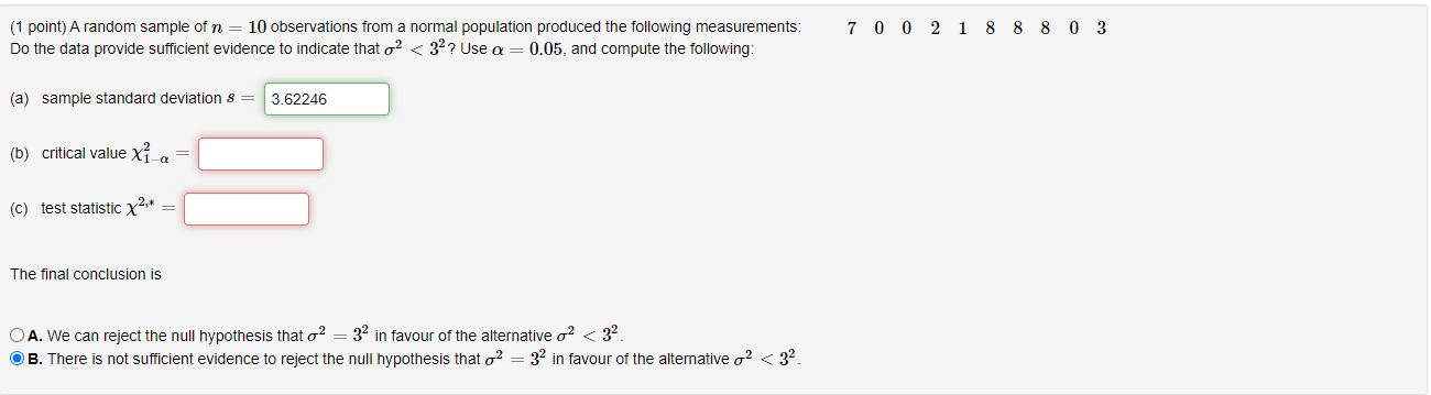 Solved 7 0 0 2 1 8 8 8 0 3 (1 point) A random sample of n 10 | Chegg.com