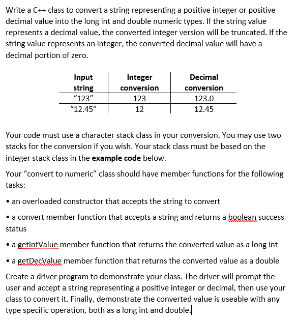 Write a C++ class to convert a string representing a | Chegg.com