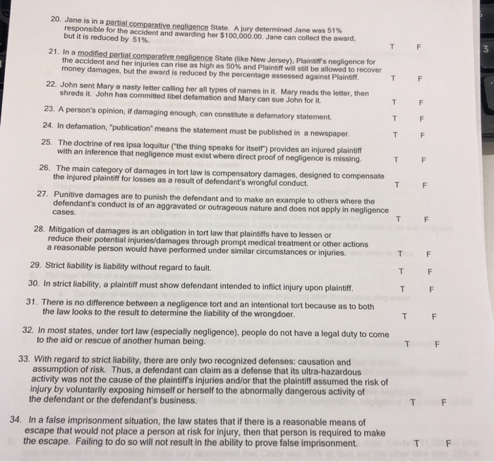 Solved 20. Jane is in a partial·comparative negligence | Chegg.com