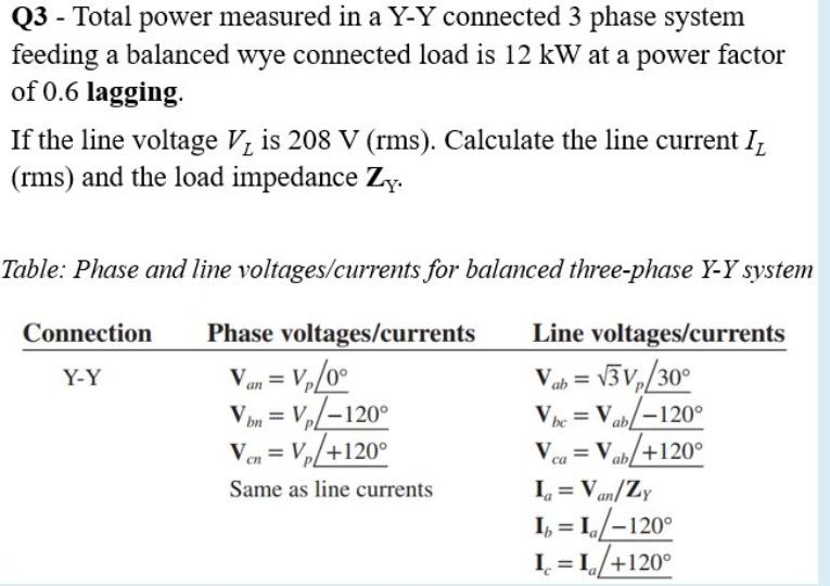 Solved Q3 Total power measured in a YY connected 3 phase