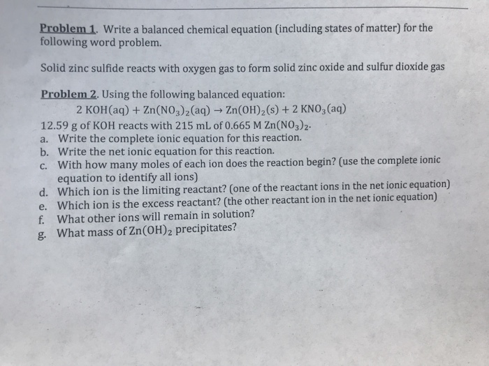 Solved Problem 1. Write a balanced chemical equation | Chegg.com