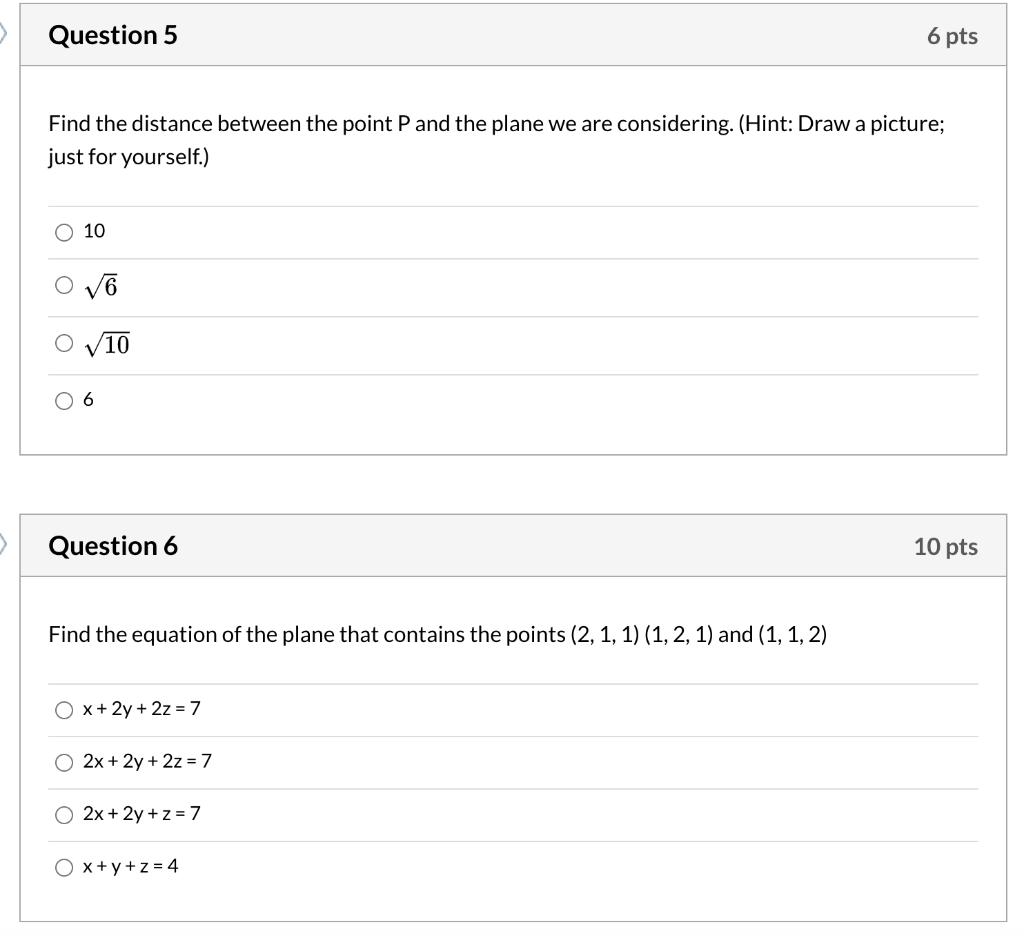 Solved EDIT: For questiosn 1-5, Consider the plane that goes | Chegg.com
