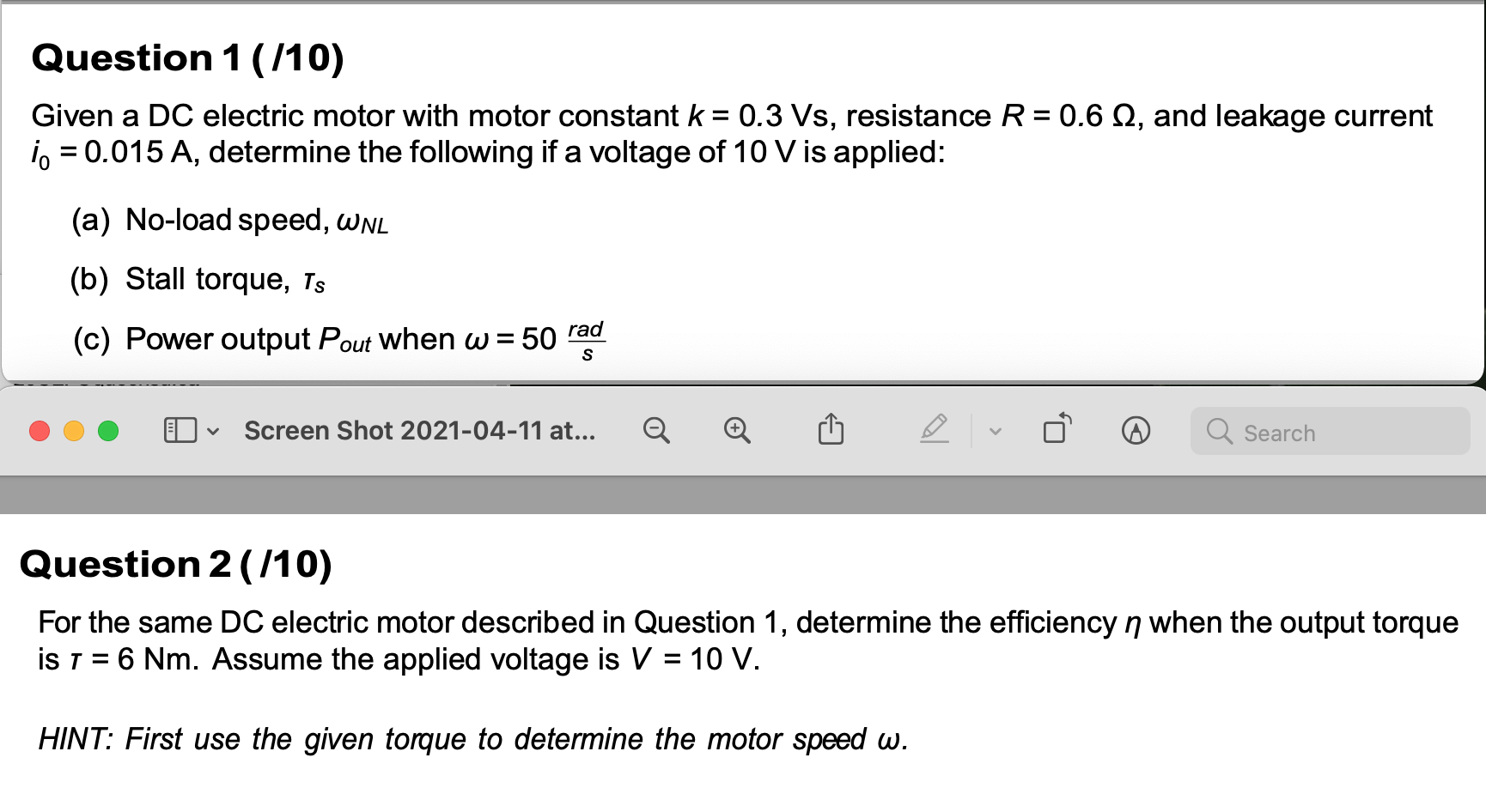 Solved Question 1 (710) Given a DC electric motor with motor