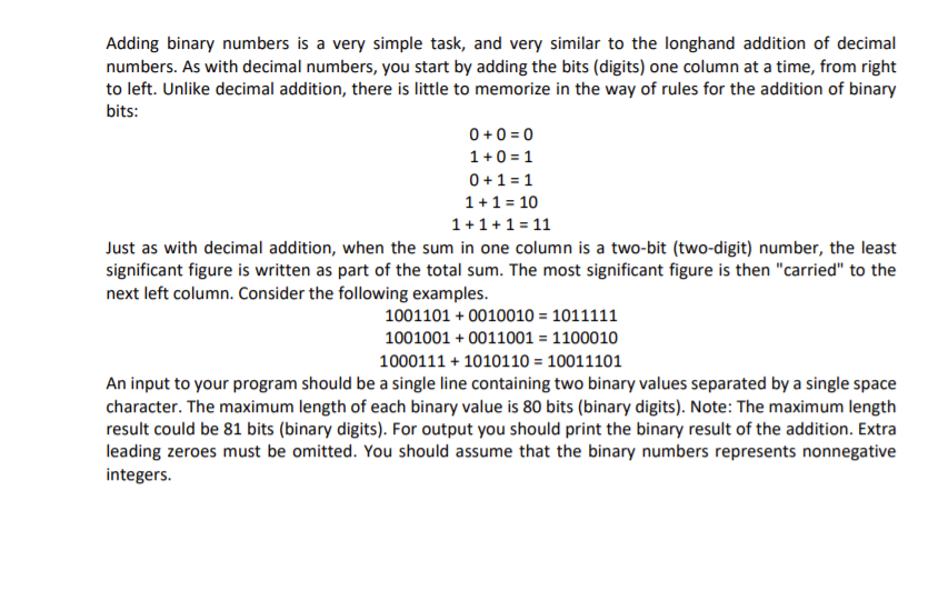 Solved Adding binary numbers is a very simple task, and very | Chegg.com