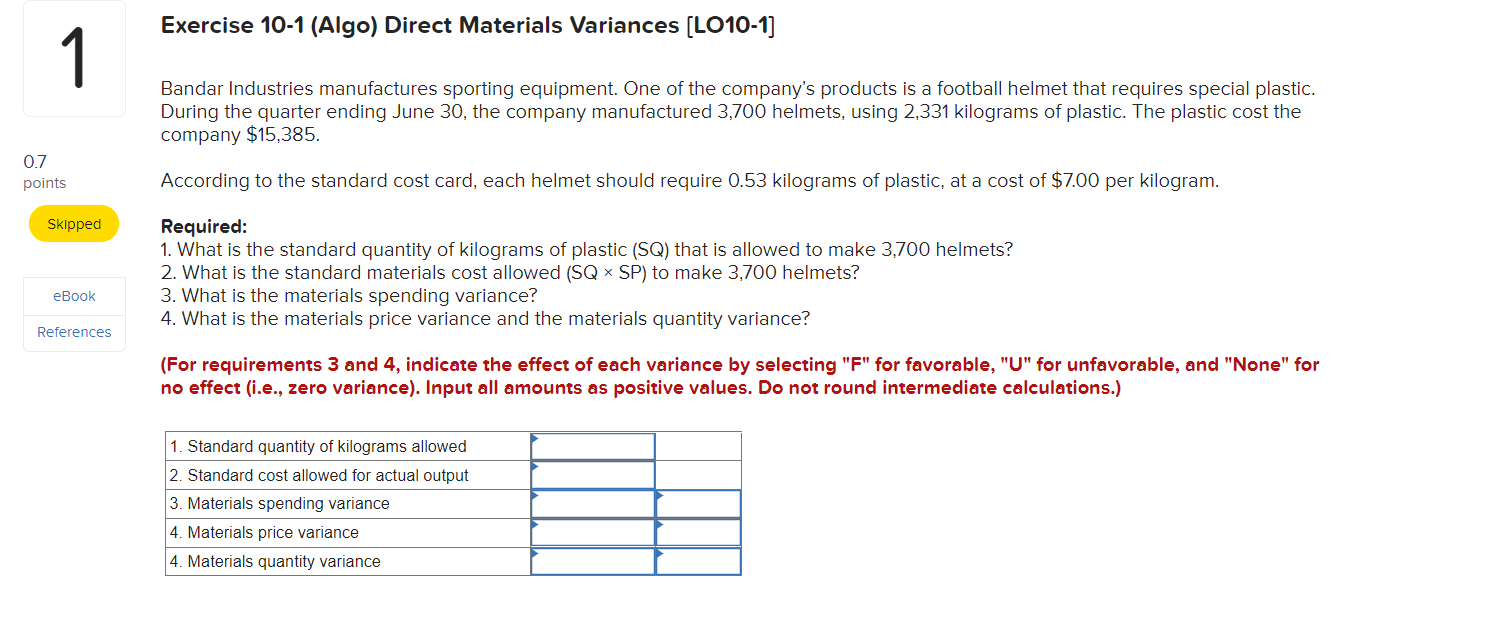 Solved Exercise 10-1 (Algo) Direct Materials Variances | Chegg.com